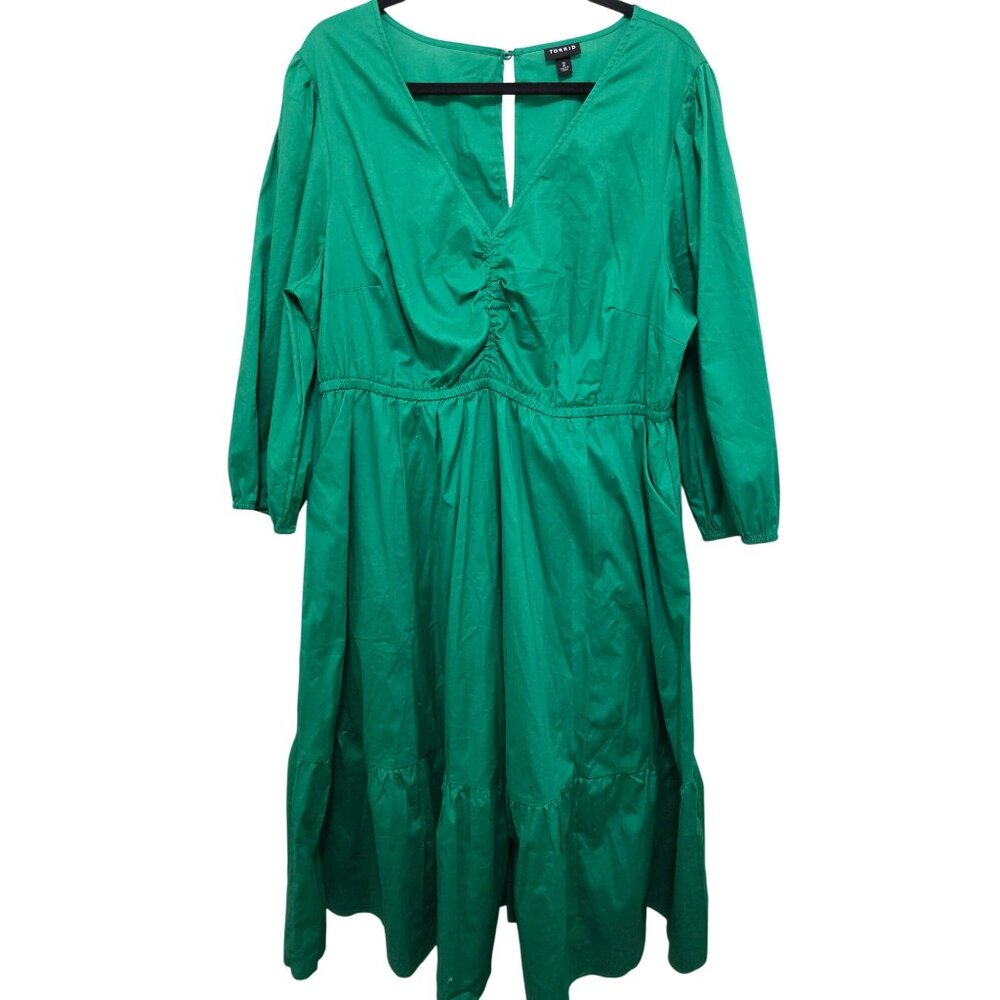 Torrid‎ Green Midi Festival Dress Ruched Front & 3/4 Sleeves Size 2